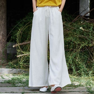 Pantalon en lin en 5 couleurs, lien à la taille, pantalon d'été en lin, pantalon large White