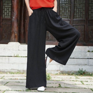 Pantalon en lin en 5 couleurs, lien à la taille, pantalon d'été en lin, pantalon large Black