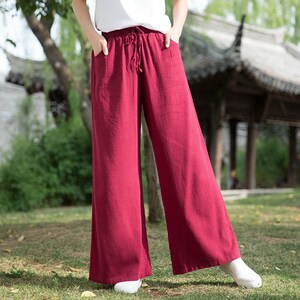 Linen Pants in 5 Colors, Waist Tie, Summer linen pants, Wide Leg Trousers Red