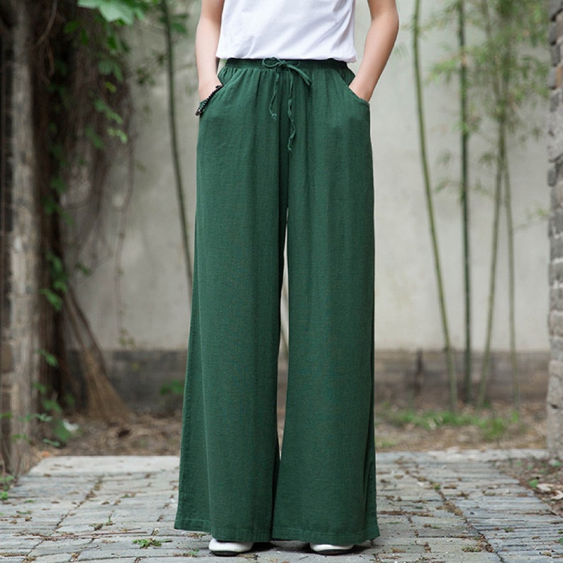 Linen Pants in 5 Colors, Waist Tie, Summer linen pants, Wide Leg Trousers Green