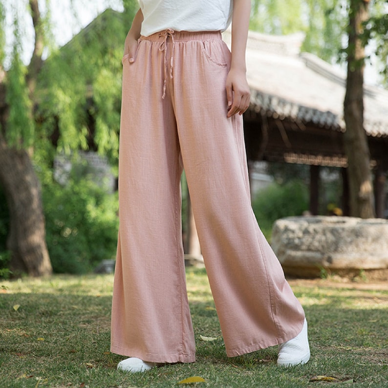Pantalon en lin en 5 couleurs, lien à la taille, pantalon d'été en lin, pantalon large Pink
