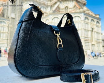 Sac à main élégant en cuir italien fait main à Florence/Sac à main et sac à bandoulière en cuir noir-fabriqués en Italie