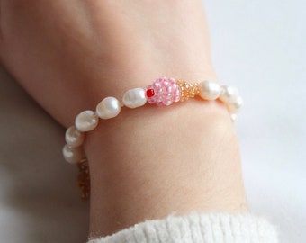 Bracelet Glace à la fraise en perles de verre et perles d'eau douce