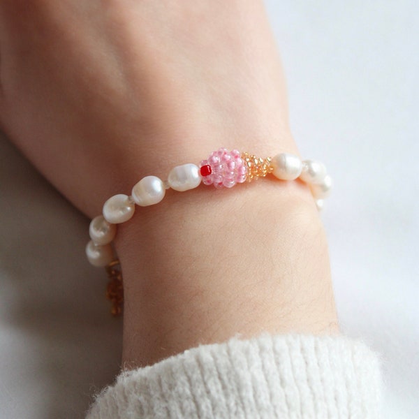 Bracelet Glace à la fraise en perles de verre et perles d'eau douce