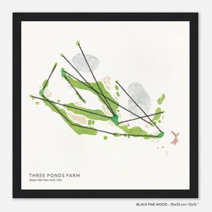 Granja Three Ponds, Molino de Agua, Nueva York, EE. UU. - Arte mural con mapa de campos de golf, impreso en papel premium, idea de regalo de golf, recuerdo de golf de los Hamptons