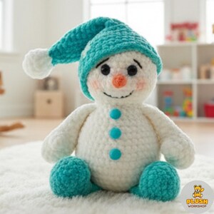 DIY blue hat snowman amigurumi crochet animal pattern PDF, no sew stuffed plush snowman toy, easy cute beginner friendly crochet project, handmade snuggler buddy cartoon snowman, winter crochet ornament, digital step by step amigurumi tutorial, nursery decor plush snowman, home decor handmade crochet toy gift