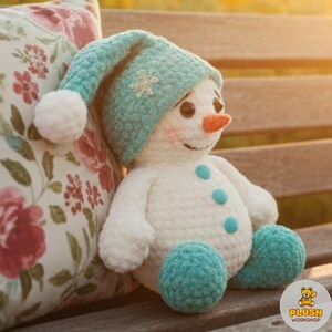 DIY snowman amigurumi crochet pattern PDF, blue hat snowman stuffed plush toy, no sew easy cute beginner crochet project, handmade snuggler buddy cartoon snowman, winter crochet ornament toy, step by step digital amigurumi tutorial, gift for amigurumi crochet lovers, nursery decor plush snowman, home decor handmade crochet toy,