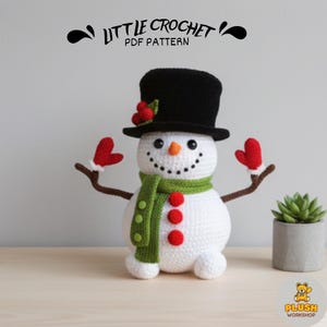 Patrón de muñeco de nieve de crochet: Amigurumi de peluche con sombrero de copa (Patrón PDF)