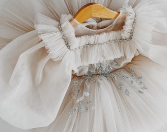 Fard à joues rose poudré, robe de demoiselle d'honneur, tenue de premier anniversaire, robe pour tout-petit, robe de mariée pour fille en tulle et plumes