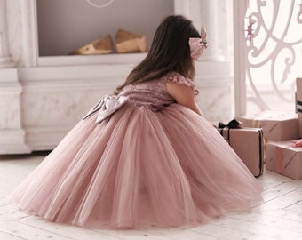 Robe de demoiselle d'honneur rose poudré, robe de demoiselle d'honneur en dentelle, robe de bal pour fille, robe d'anniversaire de fille, robe de soirée pour fille, robe rose pour fille