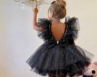 Schwarzes Tutu Kleid, schwarzes Blumenmädchen, Blumenmädchen Kleid, Junior Brautjungfer Kleid