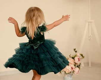 Emerald Green Dress,Puffy Birthday Outfit,  Baby Girl dress, 1st Birthday, , Girls Green Dress, First Birthday Dress,Flower Girl Dress