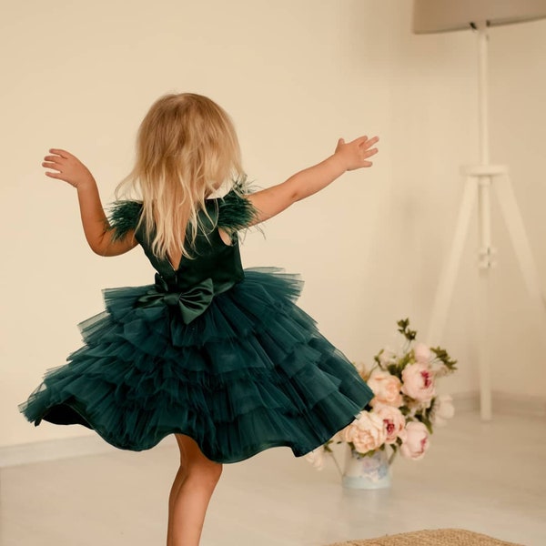 Robe vert émeraude, tenue d'anniversaire gonflée, robe de bébé fille, 1er anniversaire, robe verte pour fille, robe de premier anniversaire, robe de fille de fleur