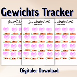 Könnte beinhalten: Druckbarer Gewichts-Tracker mit 16 Wochen rosa Aquarellherzen. Jedes Herz hat ein Kontrollkästchen zum Verfolgen des Fortschritts. Der Titel lautet "Gewichts Tracker" und der Text "Gewichtskontrolle" wird dreimal wiederholt.