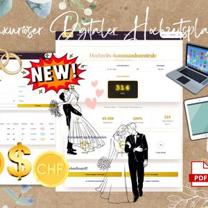 Könnte beinhalten: Digitaler Hochzeitsplaner mit Laptop, Tablet und PDF-Symbol. Das Bild zeigt eine "NEW!"-Grafik, Illustrationen von Braut und Bräutigam sowie Währungssymbole. Der Text enthält "Luxuriöser Digitaler Hochzeitsplaner" und "Hochzeits-Kommandozentrale".