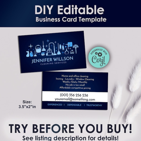Cleaning Services Professional Business Card Corjl Template, 3.5"x2"in ( front and back), Easy to Edit