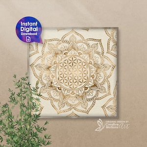 Printable Lotus Mandala with Flower of Life – Sacred Geometry Wall Art in Soft Gold | Boho Spiritual Decor  |  Digital Download
