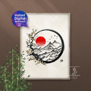 Enso Zen: Golden Sakura druckbare Wandkunst, digitaler Download Poster. Zen Serene Wohnkultur. Meditationsraum Kunst