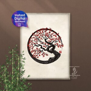 Enso Zen: Sakura Rote Blüte. Druckbare Kunst, digitaler Download Poster. Zen Serene Wohnkultur. Meditationsraum Kunst