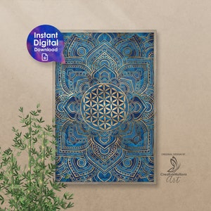 Flower of Life in Lotus Mandala - Blue Marble and Gold Printable Wall Art, Digital Download Poster. Sacred Geometry