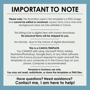 Pu&ograve; includere: Annuncio di articolo digitale su sfondo verde acqua con il testo "IMPORTANT TO NOTE" in grassetto. Il testo spiega che si tratta di un modello Canva, un download digitale, e non pu&ograve; essere modificato in altri software. Indica anche le condizioni d'uso.
