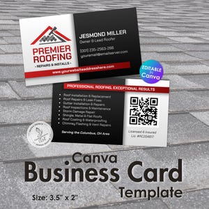 Può includere: Un modello di biglietto da visita fronte-retro per Premier Roofing con uno schema di colori rosso e nero. Il fronte mostra il logo aziendale, i contatti e il sito web. Il retro elenca i servizi, un codice QR e le informazioni sulla licenza.