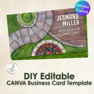 May include: A business card template with a garden design. The card features a stone pathway, green grass, and a flower bed with colorful blooms. The text reads "JESMOND MILLER GARDENING & LAWN CARE". The design is labeled "DIY Editable CANVA Business Card Template."