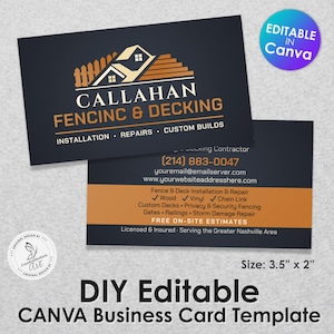 Puede incluir: Plantilla de tarjeta de visita para Callahan Fencing & Decking, con un logotipo que presenta un diseño de casa y valla. La tarjeta es azul oscuro con texto naranja y blanco, e incluye información de contacto y servicios ofrecidos. El tamaño es de 8,89 cm x 5,08 cm.