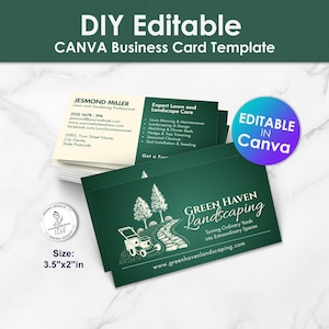 May include: A stack of business cards with a green and white landscaping design. The cards are labeled "Green Haven Landscaping" and include the text "Turning Ordinary Yards into Extraordinary Spaces." The size is 3.5"x2"in. The image also includes the text "DIY Editable CANVA Business Card Template."