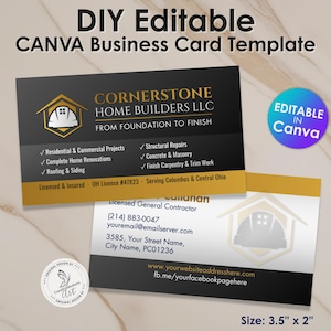 Könnte beinhalten: DIY editierbare Canva-Visitenkartenvorlage für Cornerstone Home Builders LLC. Das Design hat ein Schwarz-Gold-Farbschema mit einem Bauthema, einschließlich eines Schutzhelm-Symbols. Die Karte ist 8,89 cm x 5,08 cm groß und enthält Kontaktinformationen.
