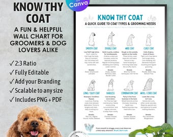 May include: A wall chart titled "Know Thy Coat" with a guide to dog coat types and grooming needs. The chart includes illustrations and descriptions of various coat types, such as smooth, double, wire, and curly coats. A brown poodle is in the bottom left corner.