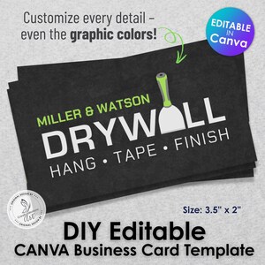 Puede incluir: Plantilla de tarjeta de visita negra con el texto "MILLER & WATSON DRYWALL" y las palabras "HANG • TAPE • FINISH". La tarjeta mide 8,89 cm x 5,08 cm y es editable en Canva. El diseño incluye un gráfico de cuchillo de paneles de yeso y el texto "¡Personaliza cada detalle, incluso los colores gráficos!"