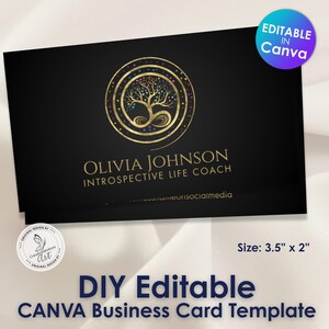 May include: Black business card template with gold foil accents. The card features a gold tree of life design and the text "OLIVIA JOHNSON INTROSPECTIVE LIFE COACH". The card is 3.5" x 2" and is editable in Canva. The design is by Creative Motions Art.