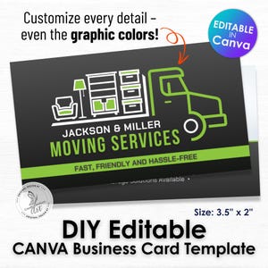 de Carte de visite pour services de déménagement | Couleurs modifiables des camions et des meubles | Agencement moderne vert clair | Modèle de toile