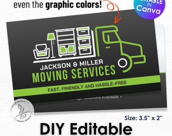 Modello di biglietto da visita per servizi di trasloco: camion e mobili modificabili (download digitale)