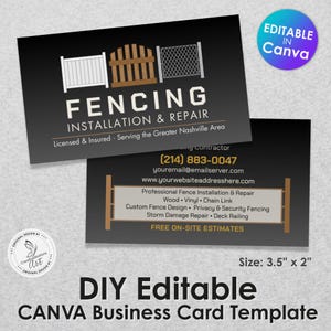 May include: Business card template for a fencing installation and repair service. The card has a black background with the company name and logo, including images of different fence styles. Contact information and service details are included. The card measures 8.89 cm x 5.08 cm.