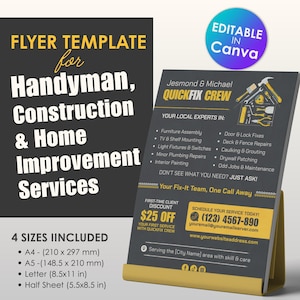 Handyman Flyer Template Bundle - 4 Größen | Gelb Aquarell Werkzeuge Design | Bearbeitbar in Canva | Haus Reparatur-Service-Werbung Flyer