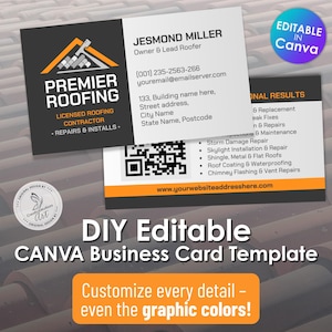 Roofing Contractor Business Card Template, Editable Canva, Roofer Biz Card, Modern Design, QR Code, Customizable, Instant Download