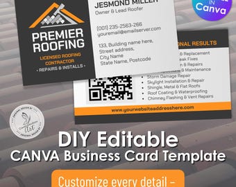 Modello di biglietto da visita per appaltatore di coperture: design moderno con codice QR (Canva modificabile, download digitale)