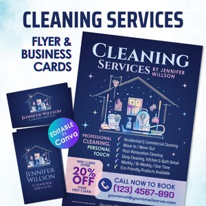 Cleaning Services Canva Template Bundle | Flyer & Business Card Set | Watercolor House Logo | Editable Marketing Kit for Cleaners