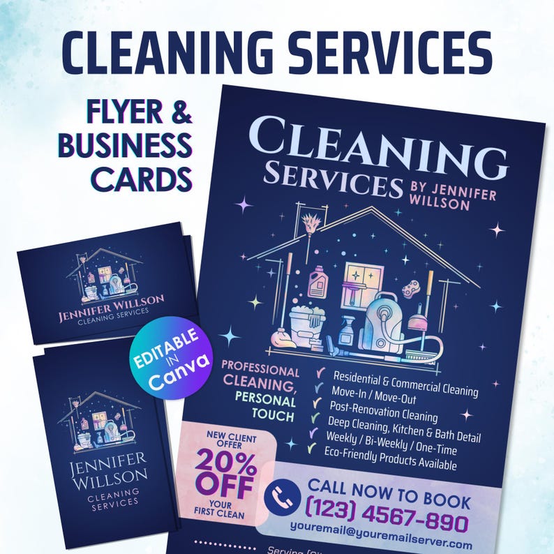 Cleaning Services Canva Template Bundle | Flyer & Business Card Set | Watercolor House Logo | Editable Marketing Kit for Cleaners