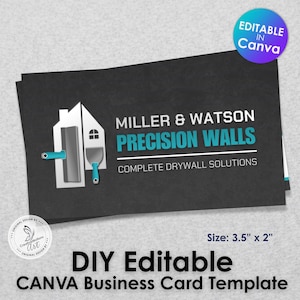 Puede incluir: Plantilla de tarjeta de visita negra con el texto "MILLER & WATSON PRECISION WALLS COMPLETE DRYWALL SOLUTIONS". La tarjeta presenta un gráfico de casa con herramientas de paneles de yeso. El tamaño es de 8,9 cm x 5,1 cm. Abajo está "DIY Editable CANVA Business Card Template".