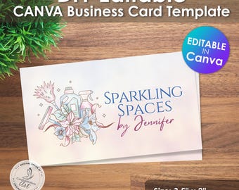 May include: A business card template with the text "DIY Editable CANVA Business Card Template." The card features the text "SPARKLING SPACES by Jennifer" and a floral and cleaning supply illustration. The card measures 8.89 cm x 5.08 cm.