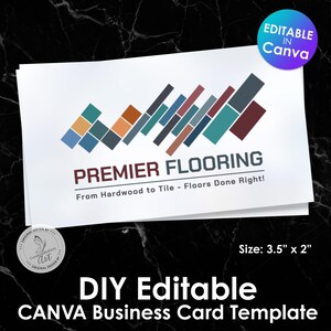 Op de afbeelding: Een witte visitekaartjessjabloon met de tekst "PREMIER FLOORING" en een kleurrijk geometrisch ontwerp. De kaart meet 8,9 cm x 5,1 cm en bevat de tekst "DIY Editable CANVA Business Card Template".
