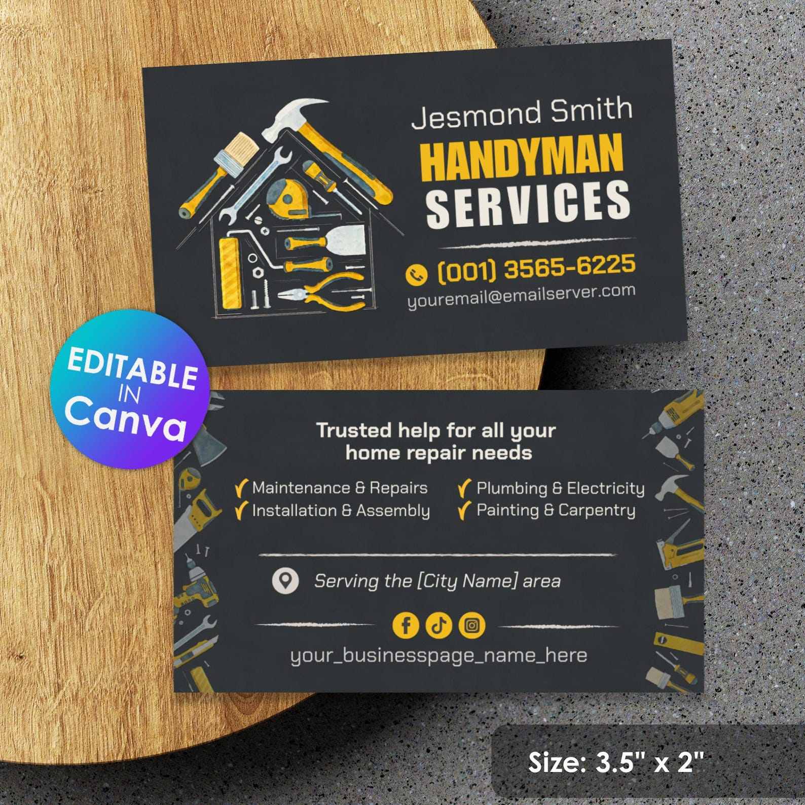 Handyman Business Card Template Bold Black & Yellow Design (canva