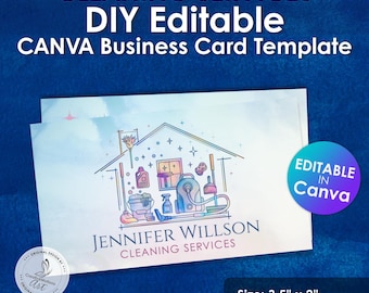 May include: A business card template for cleaning services, with a house illustration and cleaning tools. The card reads "CLEANING SERVICES DIY Editable CANVA Business Card Template" and "Jennifer Willson Cleaning Services". The card size is 8.9cm x 5.1cm.