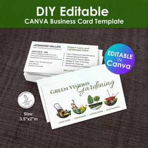 May include: A business card template for a lawn care and gardening company called "Green Visions Gardening". The card features a green, white, and red color scheme with illustrations of gardening tools and plants. The text on the card reads "Green Visions Gardening", "Lawn Care", "Gardening", "Landscaping", and "Maintenance". The card is 3.5 inches by 2 inches.