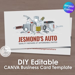 Sjabloon voor visitekaartjes automonteur | Handgetekende illustratie van auto-onderdelen | Lichte minimale lay-out | Bewerkbaar in canvas