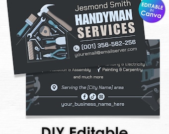 Handyman Business Card Template – House Shape with Tools – Modern Black & Blue Design – Editable Canva Template for Home Repairs