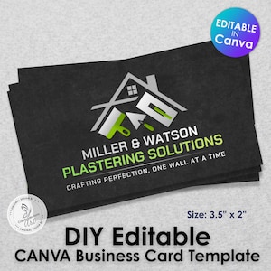 Puede incluir: Plantilla de tarjeta de visita negra con el texto "MILLER & WATSON PLASTERING SOLUTIONS" y el lema "CRAFTING PERFECTION, ONE WALL AT A TIME". La tarjeta mide 8,89 cm x 5,08 cm e incluye el texto "DIY Editable CANVA Business Card Template".